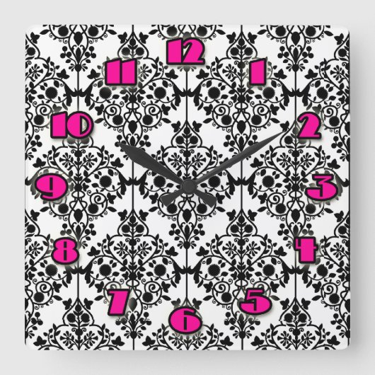 Zwart-wit Damask Wall Clock Vierkante Klok (Voorkant)