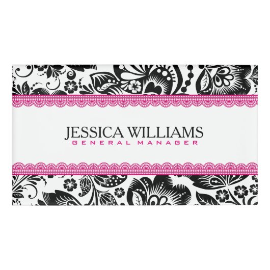 Zwart & Wit Damasks Roze Kant Accenten Naambadge (Voorkant)