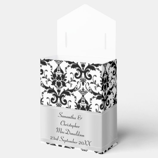 Zwart-wit damast bruiloft bedankdoosjes (Geopend)