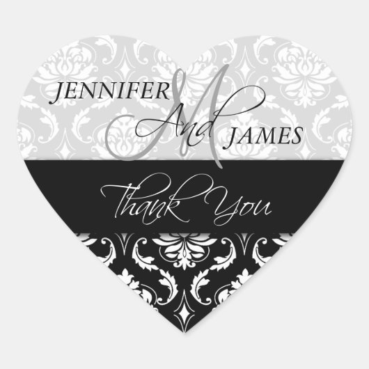 Zwart Wit Damast Bruiloft Favor Hart Sticker (Voorkant)