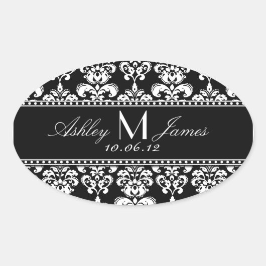 Zwart Wit Damast Bruiloft Wijn Label (Voorkant)