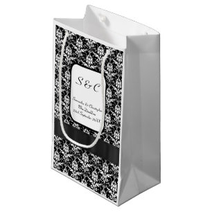 Zwart-wit damast gepersonaliseerde bruiloft klein cadeauzakje