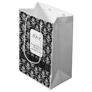 Zwart-wit damast gepersonaliseerde bruiloft medium cadeauzakje