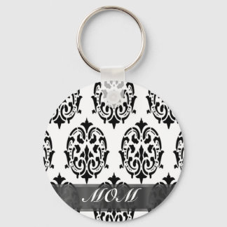 Zwart-wit damast gepersonaliseerde moeder sleutelhanger