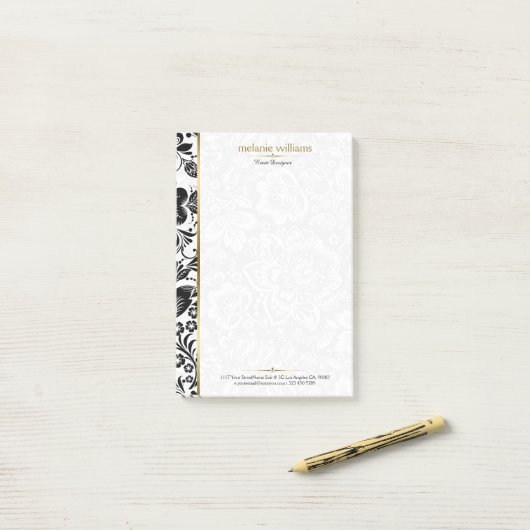 Zwart-wit damast gouden accent post-it® notes (Op bureau)