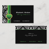 Zwart wit damast groen hart visitekaartje (Voorkant / Achterkant)