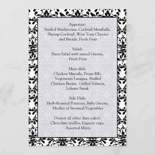 Zwart-wit damast met krullen en vogels Menu Uitnod (Achterkant)