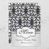 Zwart-wit damast met krullen en vogels Menu Uitnod (Voorkant / Achterkant)