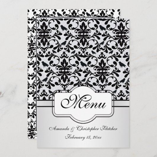 Zwart-wit damast met krullen en vogels Menu Uitnod (Voorkant / Achterkant)