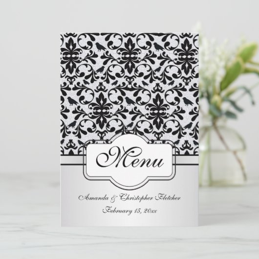 Zwart-wit damast met krullen en vogels Menu Uitnod (Staand voorkant)
