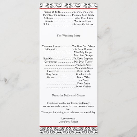 Zwart-wit damast met rode bruiloft programma (Achterkant)