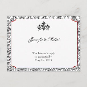 Zwart-wit damast met rood accent RSVP Uitnodiging Briefkaart