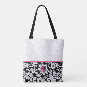 Zwart-wit damast met roze bloem tote bag