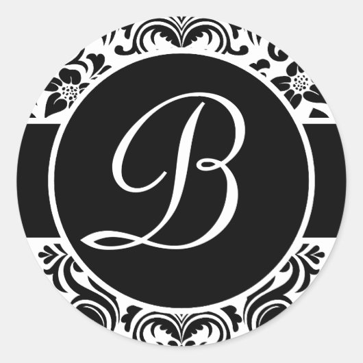 Zwart-wit Damast Monogrammed Envelope Seals Ronde Sticker (Voorkant)