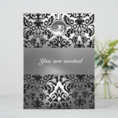 ZWART WIT DAMAST PATROON EDELSTEEN MONOGRAM KAART (Staand voorkant)