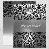 ZWART WIT DAMAST PATROON EDELSTEEN MONOGRAM KAART (Voorkant / Achterkant)