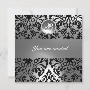 ZWART WIT DAMAST PATROON EDELSTEEN MONOGRAM KAART