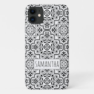 Zwart, wit damast patroon gepersonaliseerd met naa iPhone 11 hoesje