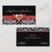 Zwart wit damast patroon met rode boog en juweel visitekaartje (Voorkant / Achterkant)