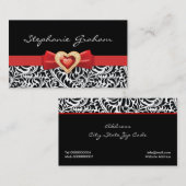 Zwart wit damast patroon met rode boog en juweel visitekaartje (Voorkant / Achterkant)