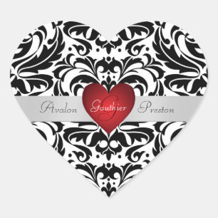 Zwart & Wit Damast Rode Hart Bruiloft Sticker