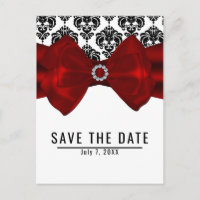 Zwart & wit damast rode strik glam 'Save the Date'