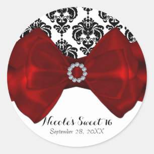 Zwart & Wit Damast Rode Strik Glam Sweet 16 Feestj Ronde Sticker