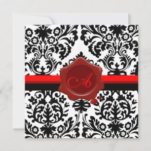 ZWART & WIT DAMAST, RODE WAX ZEGEL MONOGRAM KAART
