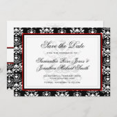 Zwart & Wit Damast Rood Accent Save the Date (Voorkant / Achterkant)