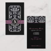 Zwart wit damast roze band monogram visitekaartje (Voorkant / Achterkant)