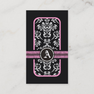 Zwart wit damast roze band monogram visitekaartje