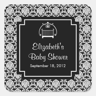 Zwart & Wit Damast Wieg Baby shower Vierkant Vierkante Sticker
