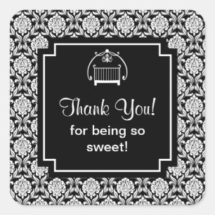 Zwart & Wit Damast Wieg Baby shower Vierkant Vierkante Sticker
