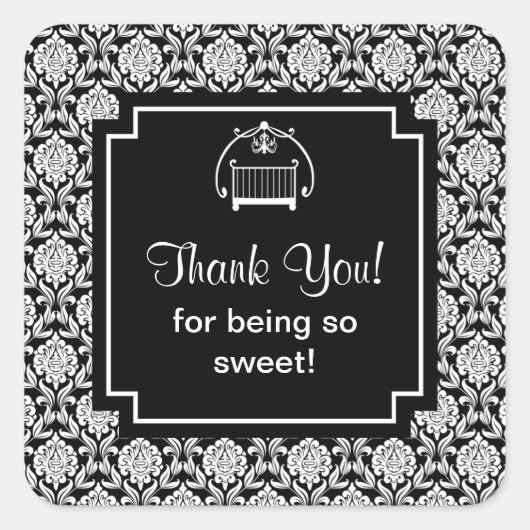 Zwart & Wit Damast Wieg Baby shower Vierkant Vierkante Sticker (Voorkant)