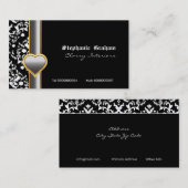 Zwart wit damast zilvergrijs hart visitekaartje (Voorkant / Achterkant)