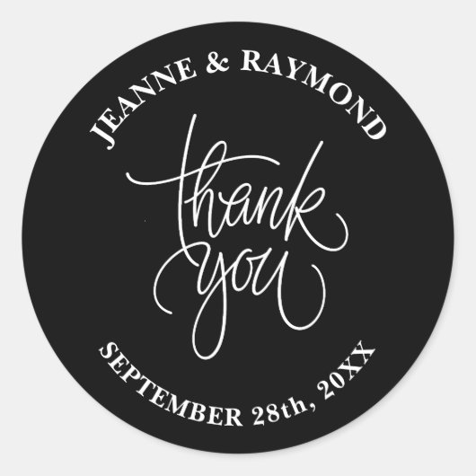 Zwart & Wit Dank u kalligrafie bruiloft gunst Ronde Sticker (Voorkant)