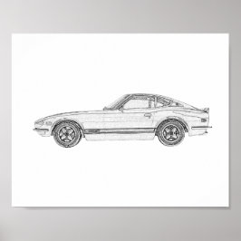 Zwart-wit Datsun 240Z Nissan S30 Tekening Poster