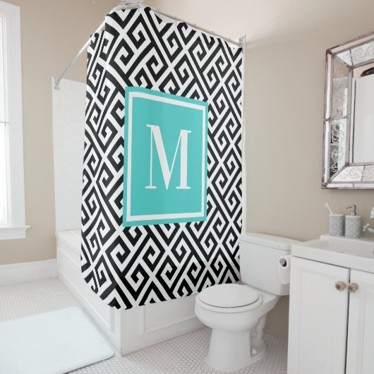 Zwart wit Diagonaal Grieks Zeer belangrijk Turquoi Douchegordijn (In situ)