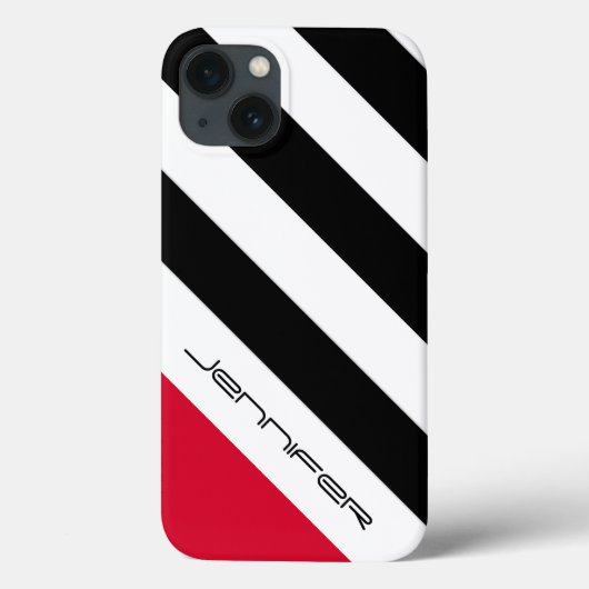 Zwart-wit diagonale streep, naam, rood Case-Mate iPhone case (Achterkant)