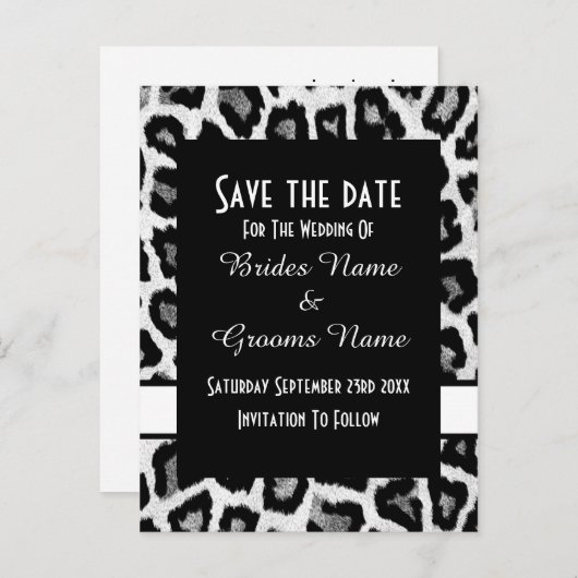 Zwart-wit dierenprint bewaar de datum aankondigingskaart (Voorkant / Achterkant)