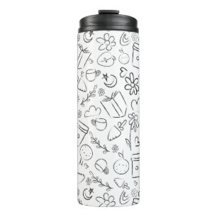 Zwart & Wit Doodle Cute Dingen Naadloos Patroon Thermosbeker