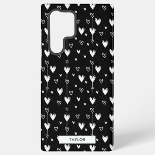 Zwart Wit Doodle Harten Patroon Monogram Naam Samsung Galaxy Hoesje