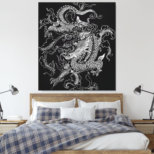 Zwart-wit Dragon Canvas Print (Insitu (Slaapkamer))