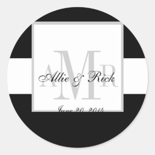 Zwart-wit Drie Monogram Huwelijkszegel Ronde Sticker