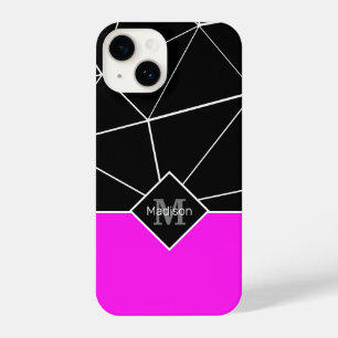 Zwart wit driehoek geometrie neon roze Monogram iPhone 14 Hoesje