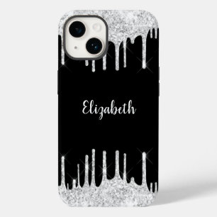 Zwart Wit Druppelende Glitter Zilver Monogram Case-Mate iPhone 14 Hoesje