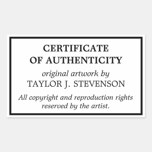 Zwart wit echtheidscertificaat rechthoekige sticker (Voorkant)
