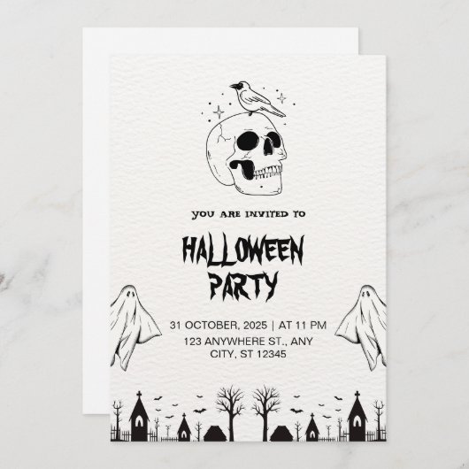 Zwart Wit Eenvoudig Halloween Party Virtueel Kaart (Voorkant / Achterkant)