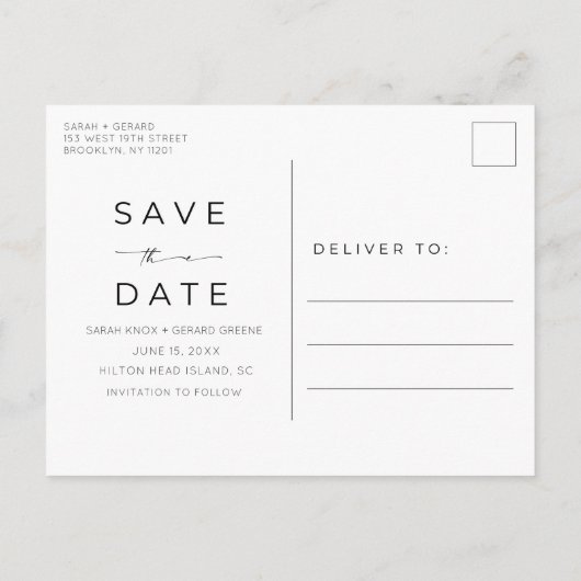 Zwart Wit Eenvoudig Strand Bruiloft Save the Date Aankondigingskaart (Achterkant)