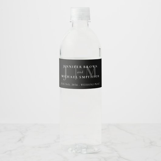 Zwart-wit Eenvoudige Formele Decorbruiloft Waterfles Etiket (Voorkant)